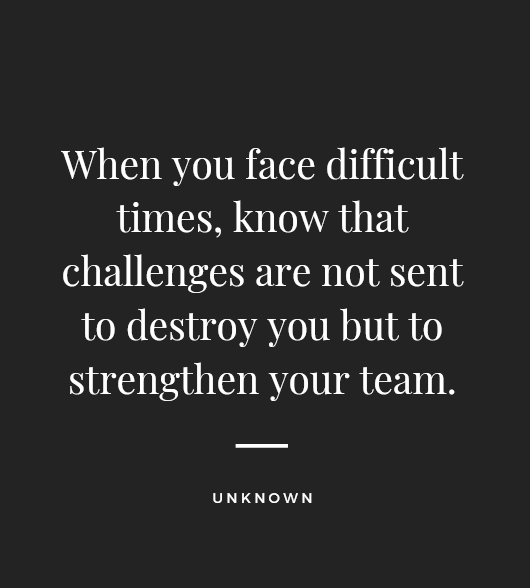 "When you face difficult times, know that challenges are not sent to destroy you but to strengthen your team." — Unknown