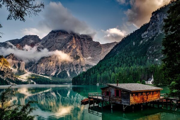 mountains, lake, house