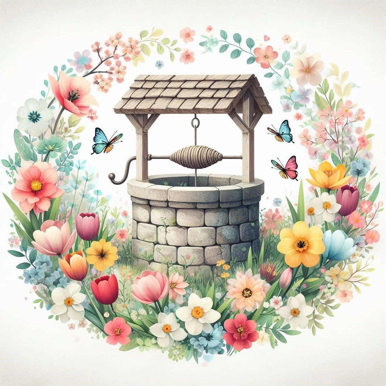 ai generated wishing well flowers 8594521