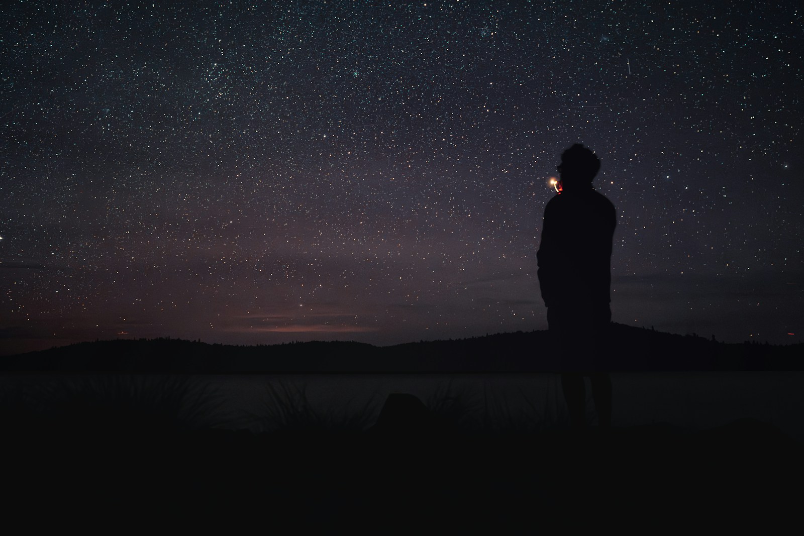 person standing in the dark looking at the stars