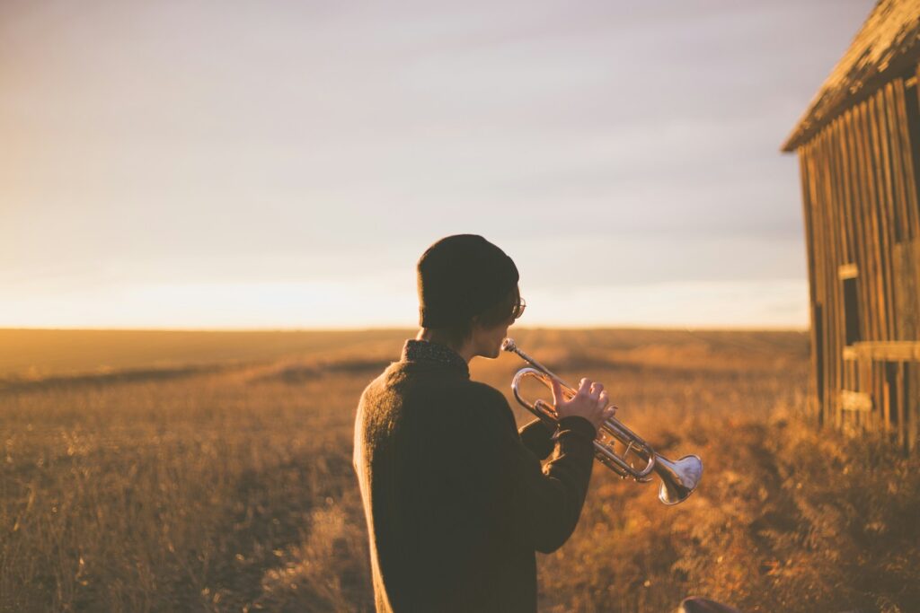 man playing trumpet outside house on field during daytime, trumpet quotes