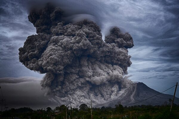 volcano eruption during daytime